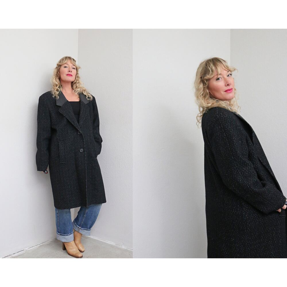 1980's Vintage Hunters Run Black Fleck & Leather Wool Overcoat ~ Women's LG XL